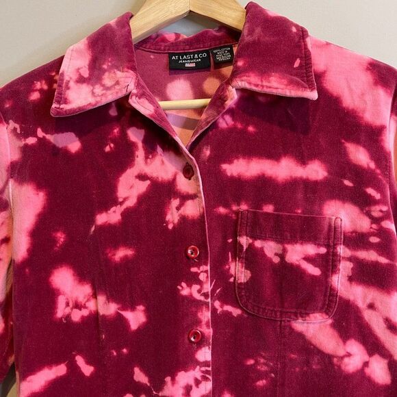 AT LAST & CO JEANSWEAR Y2K PINK TIE DYE BUTTON DOWN VELVET TOP SZ Med - Picture 3 of 6
